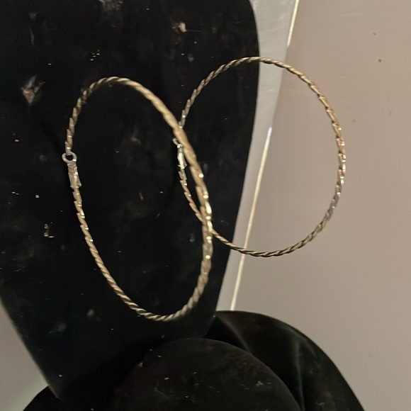 4” gold tone diamond etched open hoop earrings with latch back closures - Picture 7 of 14